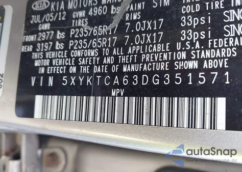 2013 Kia Sorento Lx from USA, damaged, VIN 5XYKTCA63DG351571